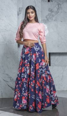 Navy-blue printed crepe Semi Stitched bridal lehenga 1