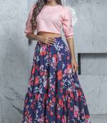 Navy-blue printed crepe Semi Stitched bridal lehenga