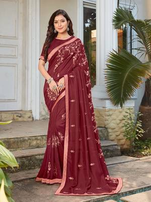 Red embroidered poly silk
 saree with blouse 1