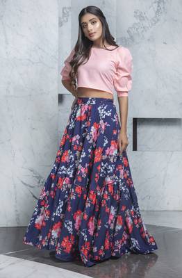 Navy-blue printed crepe Semi Stitched bridal lehenga 3