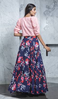 Navy-blue printed crepe Semi Stitched bridal lehenga 4