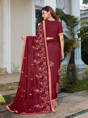 Red embroidered poly silk
 saree with blouse 3