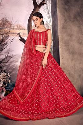 Red thread embroidery net semi stitched lehenga 1