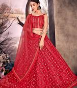 Red thread embroidery net semi stitched lehenga