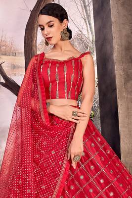 Red thread embroidery net semi stitched lehenga 2