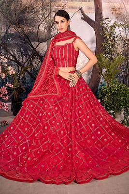 Red thread embroidery net semi stitched lehenga 3