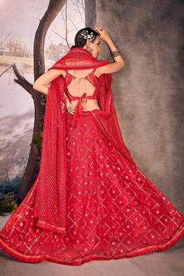 Red thread embroidery net semi stitched lehenga 4