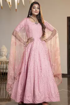 Pink thread embroidery georgette semi stitched anarkali salwar