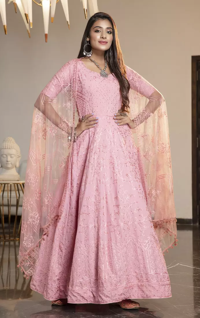 Pink thread embroidery georgette semi stitched anarkali salwar