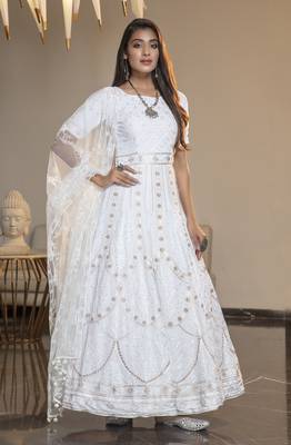 White thread embroidery georgette semi stitched anarkali salwar 1