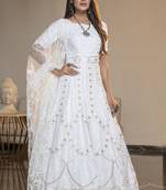 White thread embroidery georgette semi stitched anarkali salwar