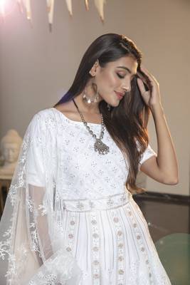 White thread embroidery georgette semi stitched anarkali salwar 2