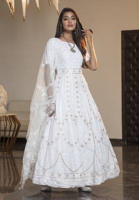 White thread embroidery georgette semi stitched anarkali salwar 3