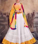 White thread embroidery net semi stitched lehenga