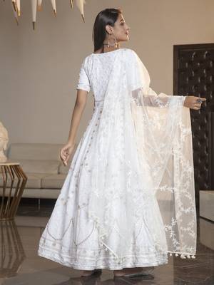 White thread embroidery georgette semi stitched anarkali salwar 4