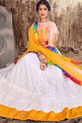 White thread embroidery net semi stitched lehenga 3