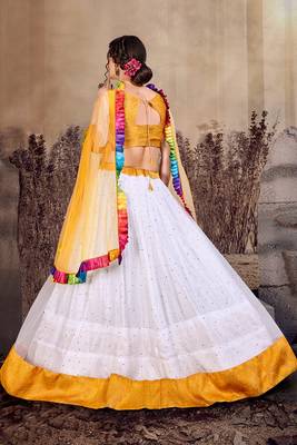 White thread embroidery net semi stitched lehenga 4