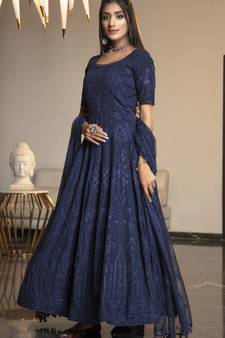 Navy-blue thread embroidery georgette semi stitched anarkali salwar