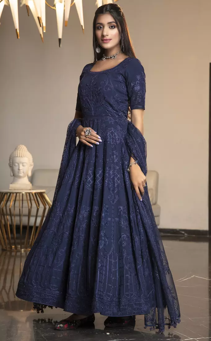 Navy-blue thread embroidery georgette semi stitched anarkali salwar