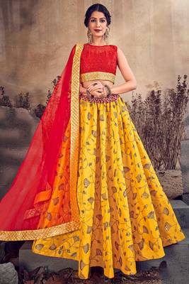 Yellow thread embroidery art silk semi stitched lehenga 1