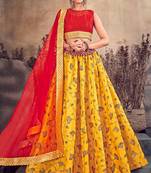 Yellow thread embroidery art silk semi stitched lehenga