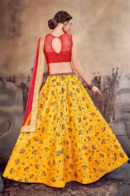 Yellow thread embroidery art silk semi stitched lehenga 3