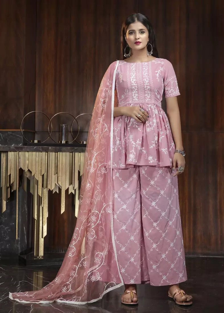 Pink thread embroidery georgette salwar