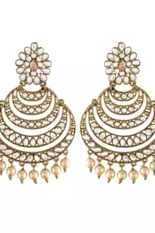 Gold Plated With Stunning Antique Finish Encased with Kundan & Faux Pearl Chandbali Earrings for Women