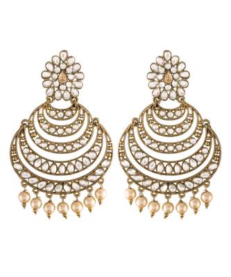 Gold Plated With Stunning Antique Finish Encased with Kundan & Faux Pearl Chandbali Earrings for Women 3