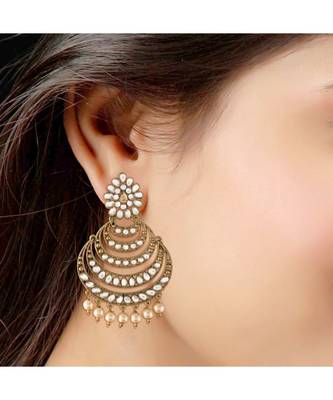 Gold Plated With Stunning Antique Finish Encased with Kundan & Faux Pearl Chandbali Earrings for Women 4