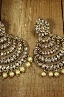 Traditional  Antique Finish Kundan & Pearl Chandbali Earrings for Women
