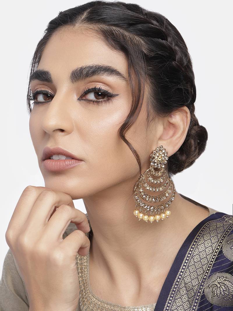 Traditional  Antique Finish Kundan & Pearl Chandbali Earrings for Women