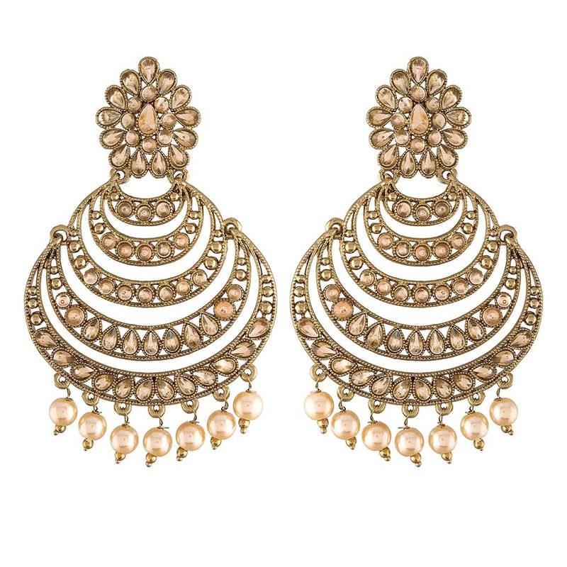 Traditional  Antique Finish Kundan & Pearl Chandbali Earrings for Women