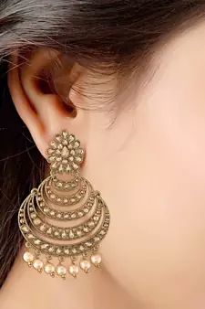 Traditional  Antique Finish Kundan & Pearl Chandbali Earrings for Women