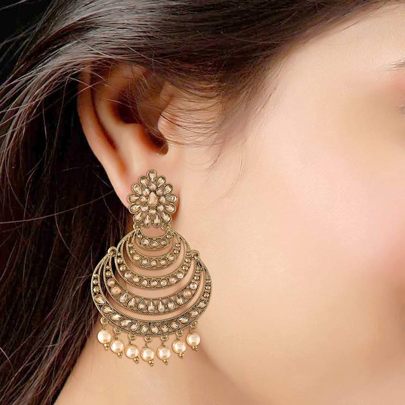 Traditional  Antique Finish Kundan & Pearl Chandbali Earrings for Women