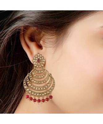 Antique Finish Encased with Kundan & Faux Pearl Chandbali Earrings for Women 4