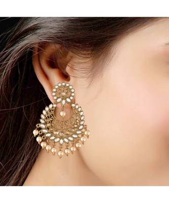Traditional Gold Plated With Stunning Antique Finish Kundan & Pearl Chandbali Earrings for Women 4