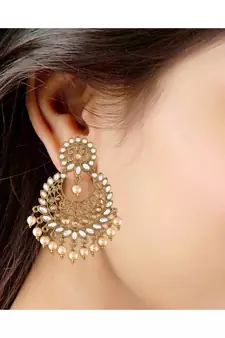 Traditional Gold Plated With Stunning Antique Finish Kundan & Pearl Chandbali Earrings for Women