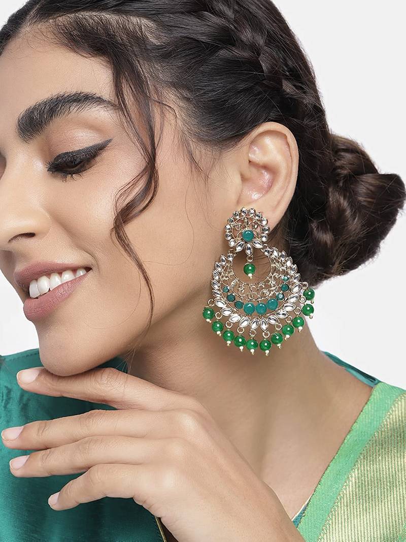 Traditional Gold Plated With Stunning Antique Finish Kundan & Pearl Chandbali Earrings for Women