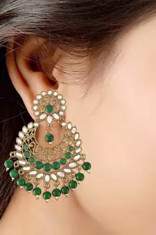 Traditional Gold Plated With Stunning Antique Finish Kundan & Pearl Chandbali Earrings for Women