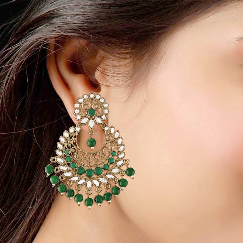 Traditional Gold Plated With Stunning Antique Finish Kundan & Pearl Chandbali Earrings for Women