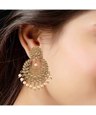Stunning Antique Finish Ethnic Kundan & Faux Big Pearl Chandbali Earrings for Women 4