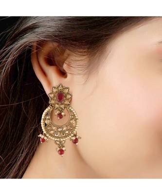 Traditional Gold Plated With Stunning Antique Finish Encased with Kundan & Faux Pearl Chandbali Earrings for Women 4