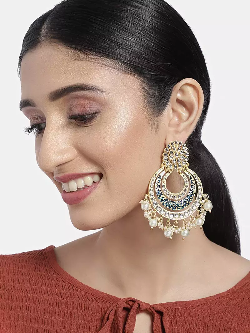 I Jewels Matt Finish Plated Chandbali Handmade Royal Blue Enamel/Meenakari Kundan & Pearl Earrings for Women (E2860BL)