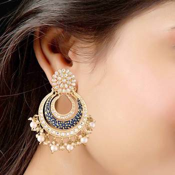 Matt Finish Plated Chandbali Handmade Royal Blue Enamel/Meenakari Kundan & Pearl Earrings for Women (E2860BL) 2
