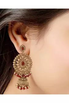 Traditional Gold Plated With Stunning Antique Finish Kundan & Pearl Jhumka Earrings for Women