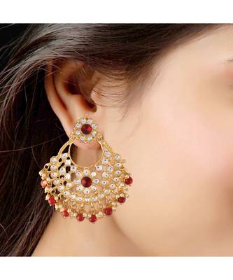Gold Plated Traditional Big Chandbali Earrings studded with Kundan & Stone for Women 2