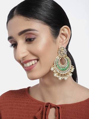 High Gold Matt Finish Plated Big Chandbali Handmade Green Enamel/Meenakari Kundan & Pearl Earrings for Women 1