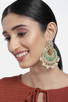 High Gold Matt Finish Plated Big Chandbali Handmade Green Enamel/Meenakari Kundan & Pearl Earrings for Women