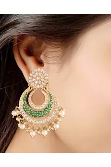 High Gold Matt Finish Plated Big Chandbali Handmade Green Enamel/Meenakari Kundan & Pearl Earrings for Women